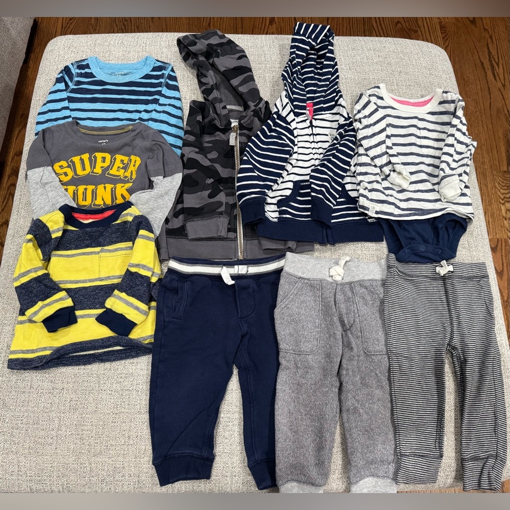 Boys 12 mos bundle,2 zip ups hoodies 3 pants 3 long sleeved shirts